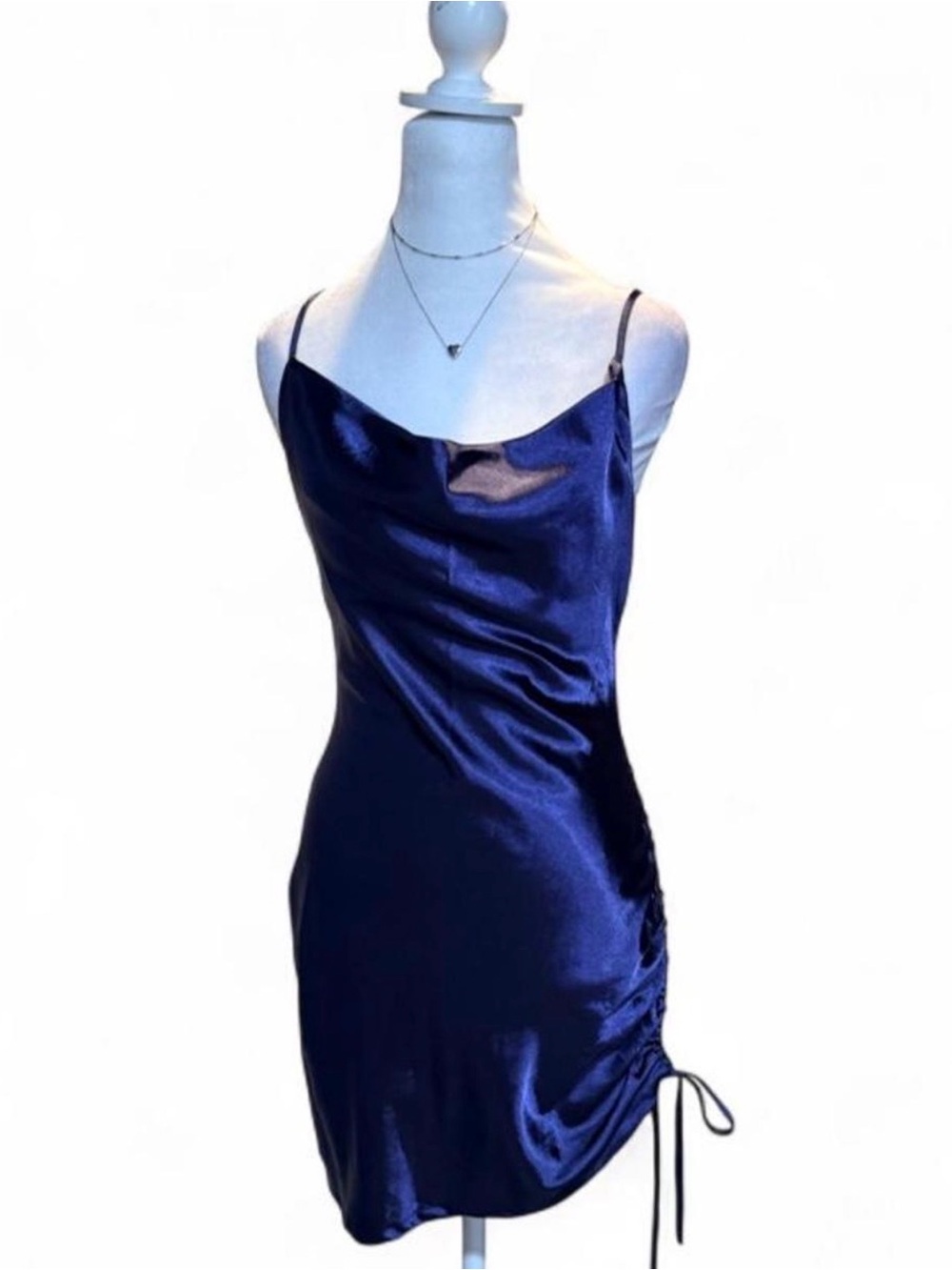 Gorgeous navy blue satin mini dress with a fluid, liquid-like sheen.